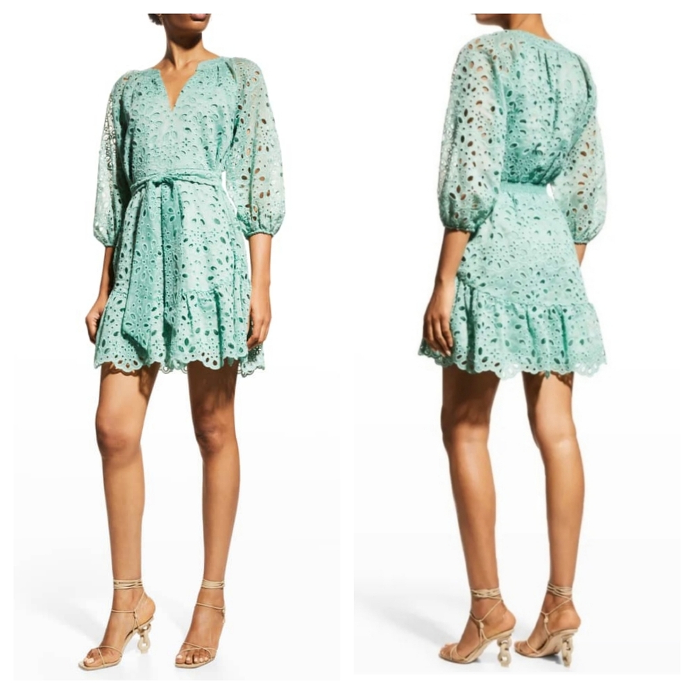 SHOSHANNA Adelia Eyelet Blouson-Sleeve Dress in Sage Green Size 12